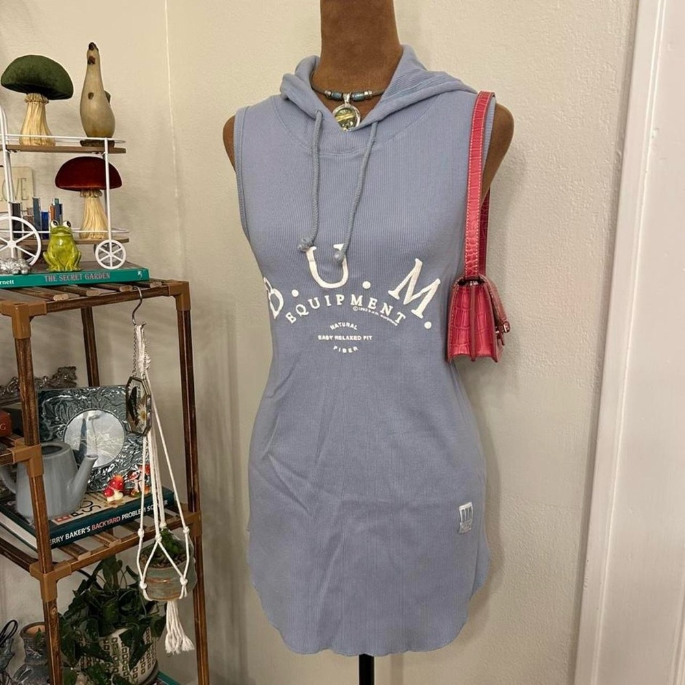 Vintage 90s Light Blue B.U.M Equipment Ribbed Sleeveless Hooded Sweatshirt Dress